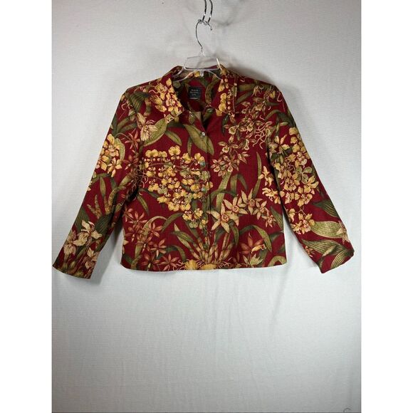 Susan Bristol Floral Linen Blend Jacket Red Gold Green Botanical Blazer L - Picture 1 of 14